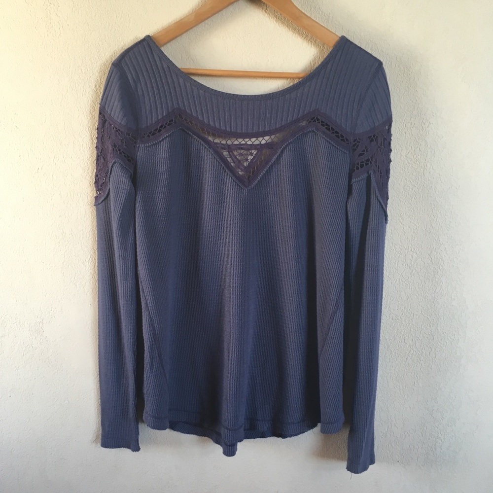 Free people waffle knit with lace long sleeve top